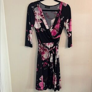 Navy and Pink Floral 3/4 Long Sleeve Surplice A-line Dress Sash Belt Large
